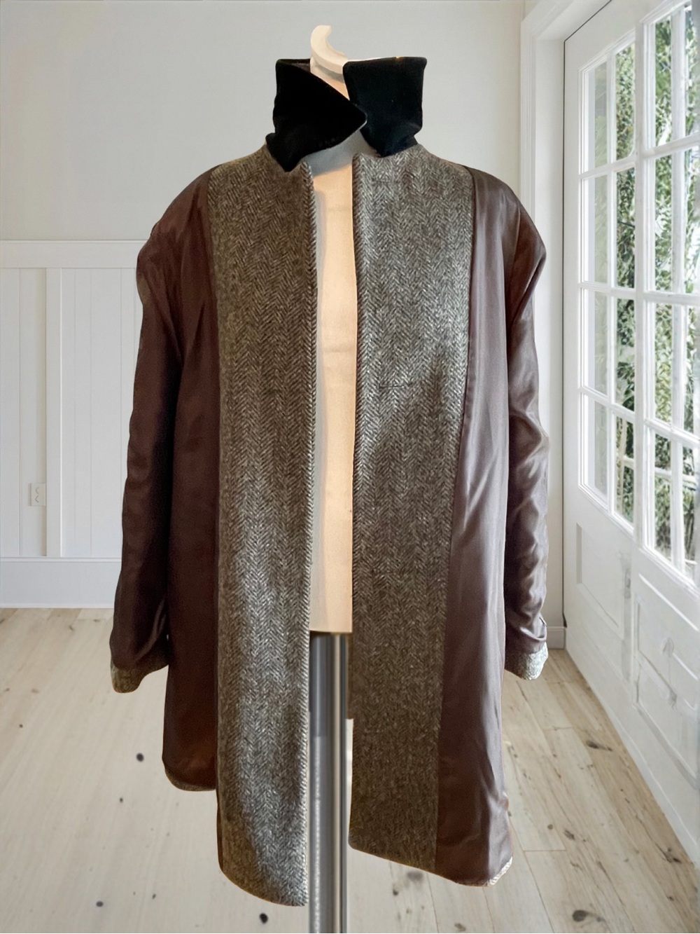 JONES NEW YORK Vintage Wool Tweed Velvet Collar Coat Women's L XL Herringbone 80 - Picture 9 of 16